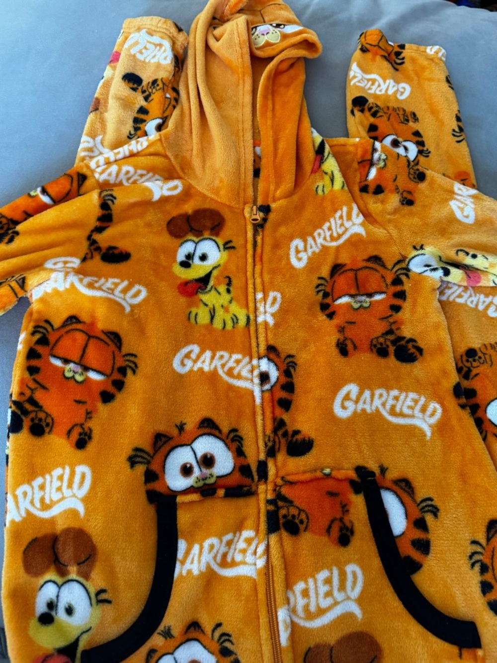 Orange Garfield One-Piece Hooded Fleece Jumpsuit pjs women’s small